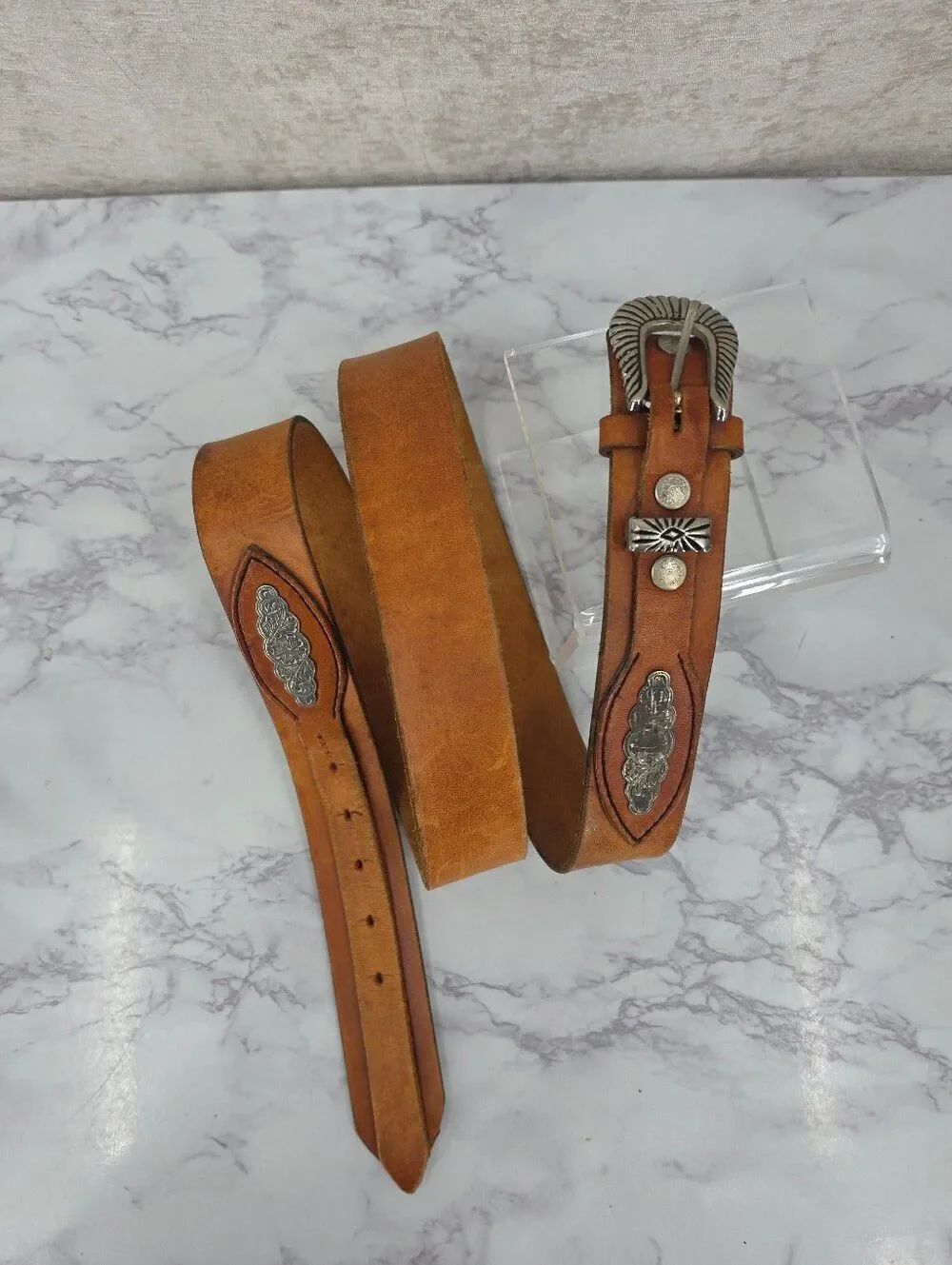 Vintage Tan Leather Men's Western Top Hand Belt Silver Floral Concho Accents